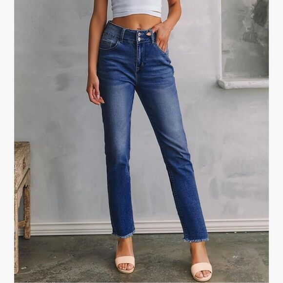 Amazon Straight Jeans, High Waist, Zip & Double Button, Dark Wash, Rough Hem, 8 - Picture 5 of 12